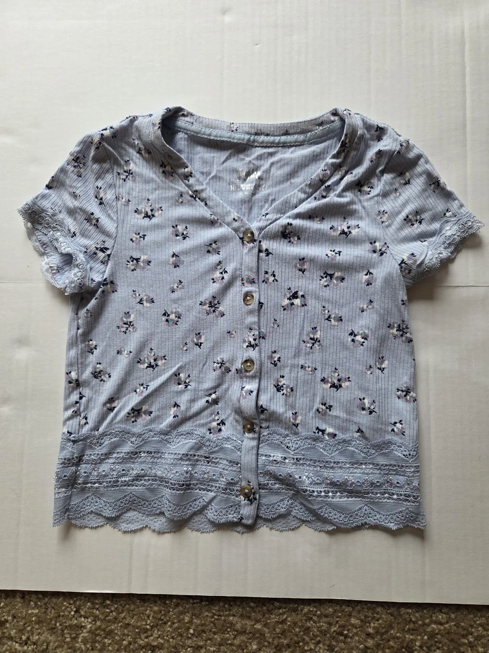 Justice Girls Blue‎ Floral Ribbed Lace Trim Button Front Top Size 10/12